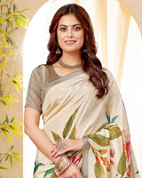 Vishal Prints Royal Cream Digital Print Premium Crepe Silk Saree