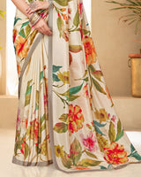 Vishal Prints Royal Cream Digital Print Premium Crepe Silk Saree