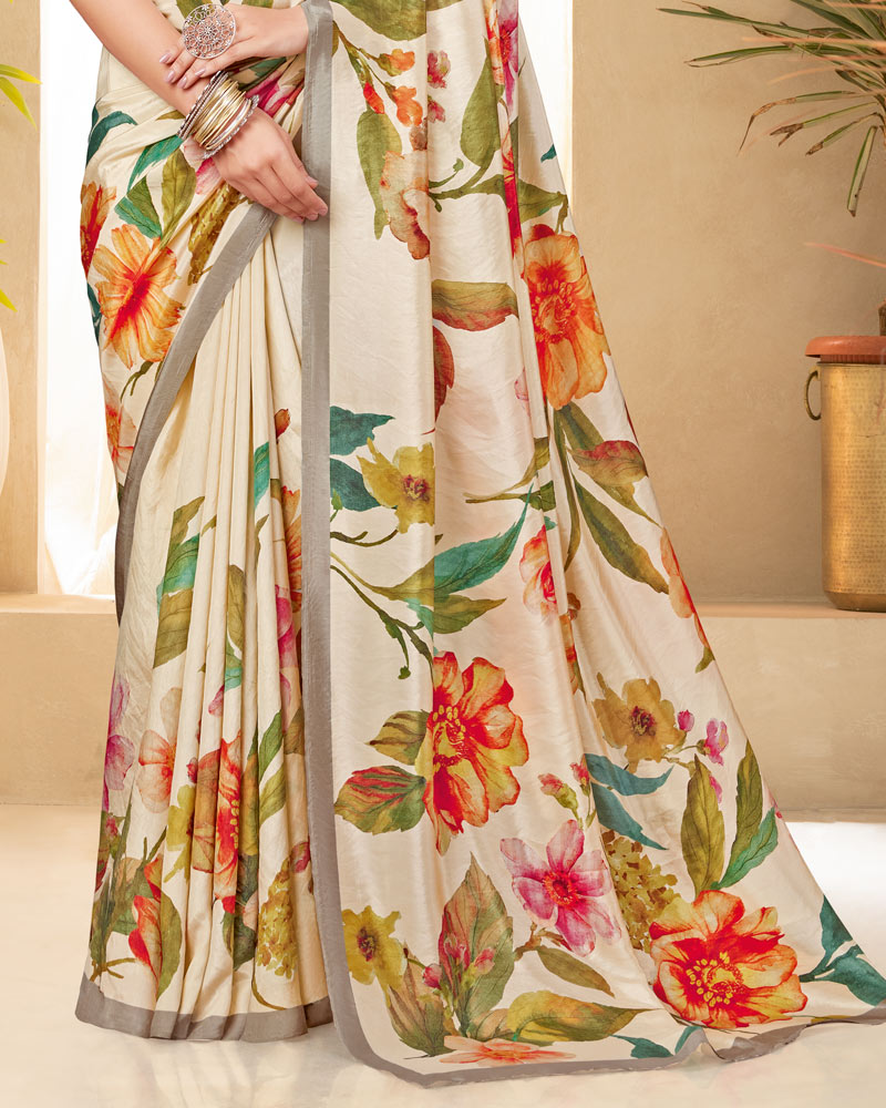 Vishal Prints Royal Cream Digital Print Premium Crepe Silk Saree