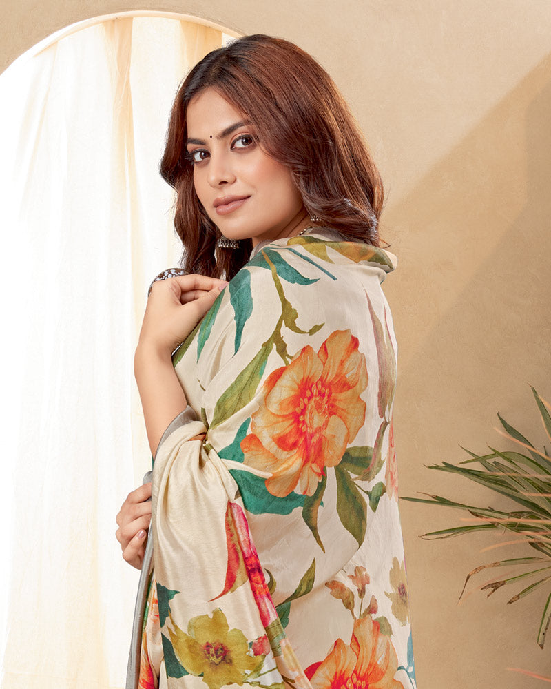 Vishal Prints Royal Cream Digital Print Premium Crepe Silk Saree