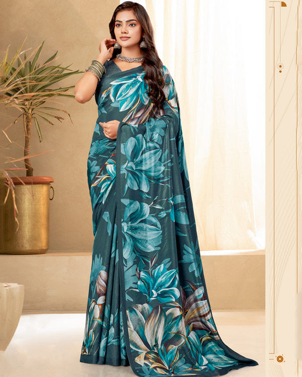 Vishal Prints Dark Slate Grey Digital Print Premium Crepe Silk Saree