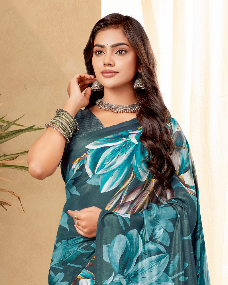 Vishal Prints Dark Slate Grey Digital Print Premium Crepe Silk Saree