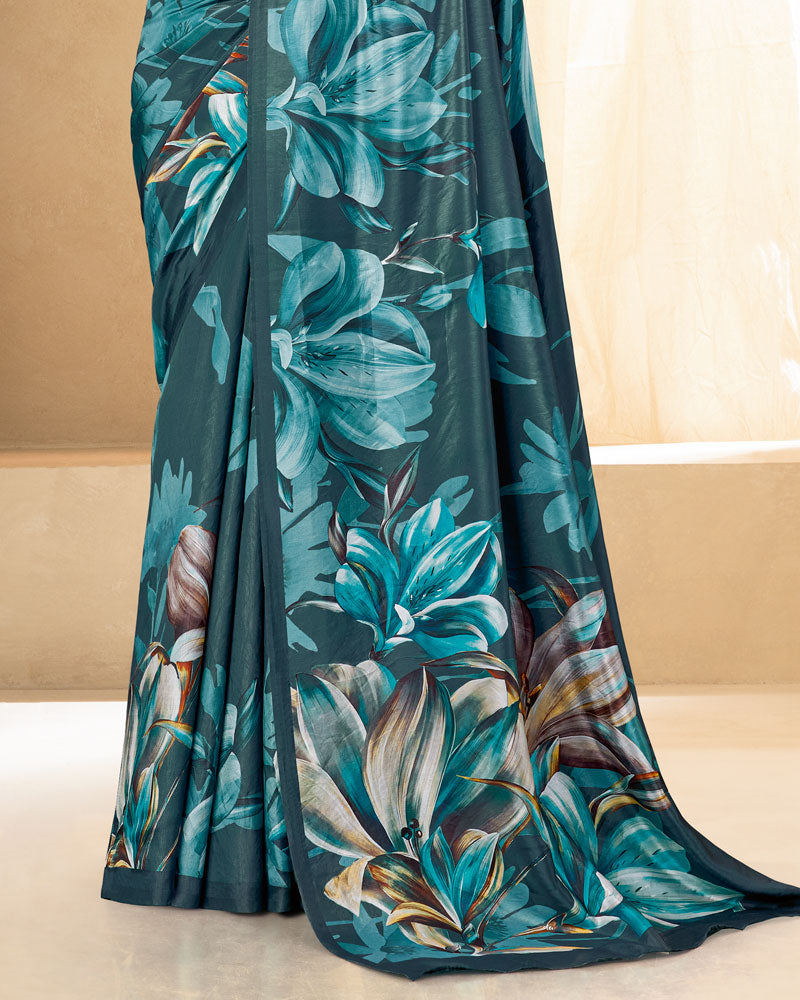 Vishal Prints Dark Slate Grey Digital Print Premium Crepe Silk Saree