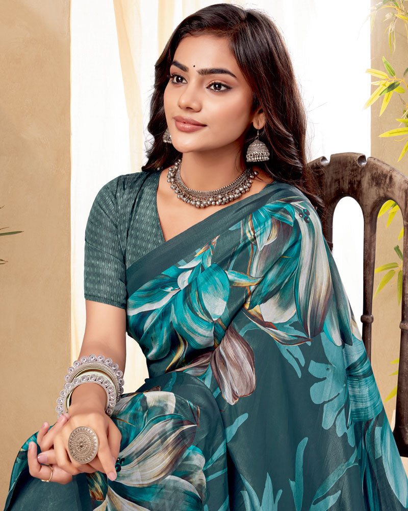 Vishal Prints Dark Slate Grey Digital Print Premium Crepe Silk Saree