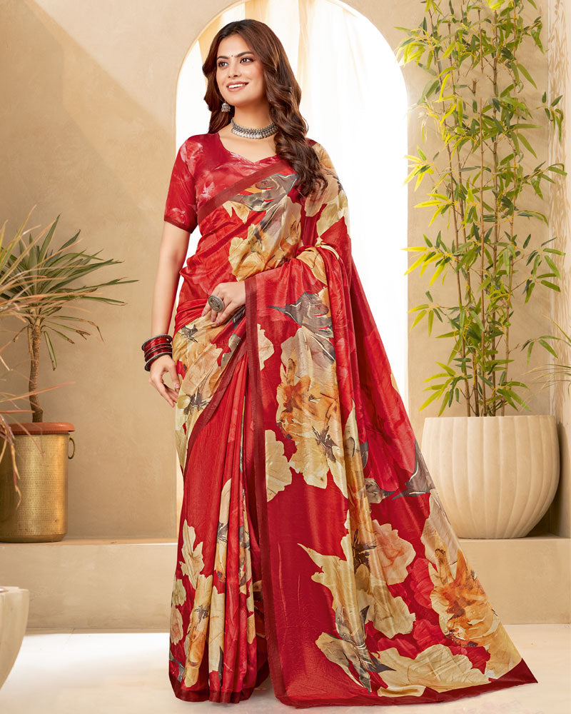 Vishal Prints Lava Red Digital Print Premium Crepe Silk Saree