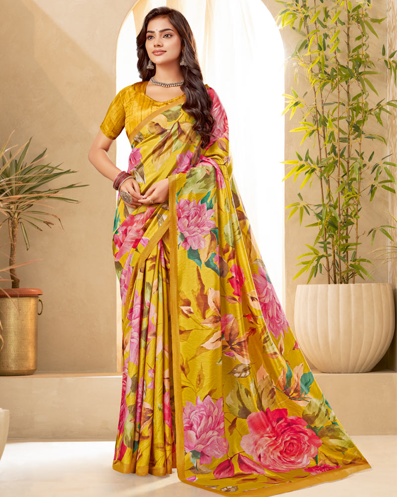 Vishal Prints Tulip Yellow Digital Print Premium Crepe Silk Saree