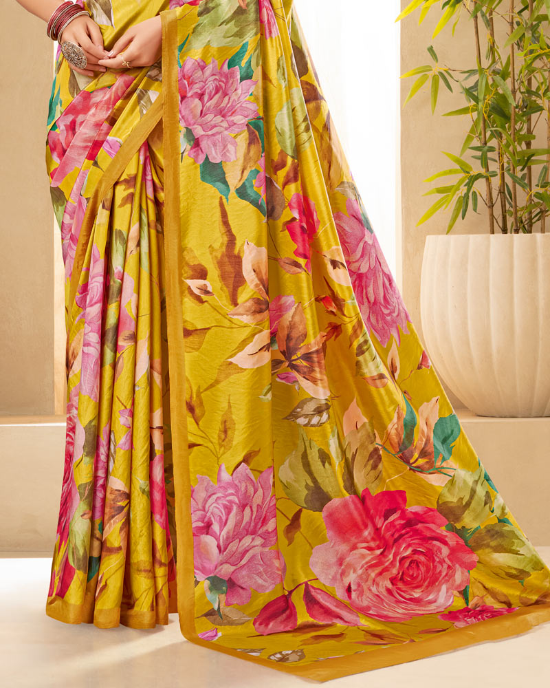 Vishal Prints Tulip Yellow Digital Print Premium Crepe Silk Saree