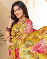 Vishal Prints Tulip Yellow Digital Print Premium Crepe Silk Saree
