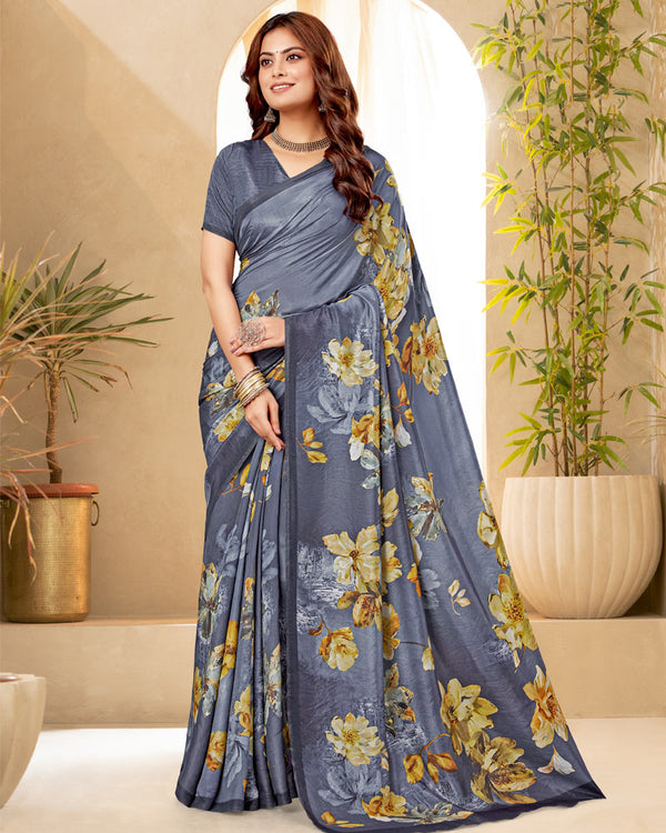 Vishal Prints Light Slate Grey Digital Print Premium Crepe Silk Saree