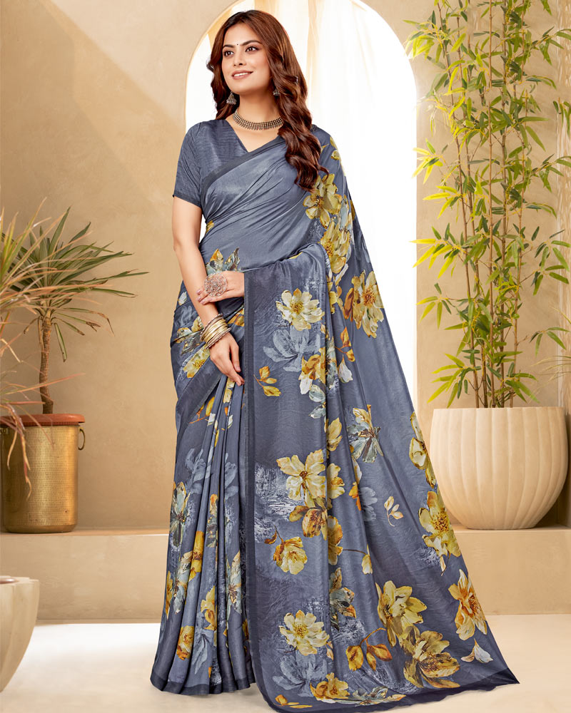 Vishal Prints Light Slate Grey Digital Print Premium Crepe Silk Saree