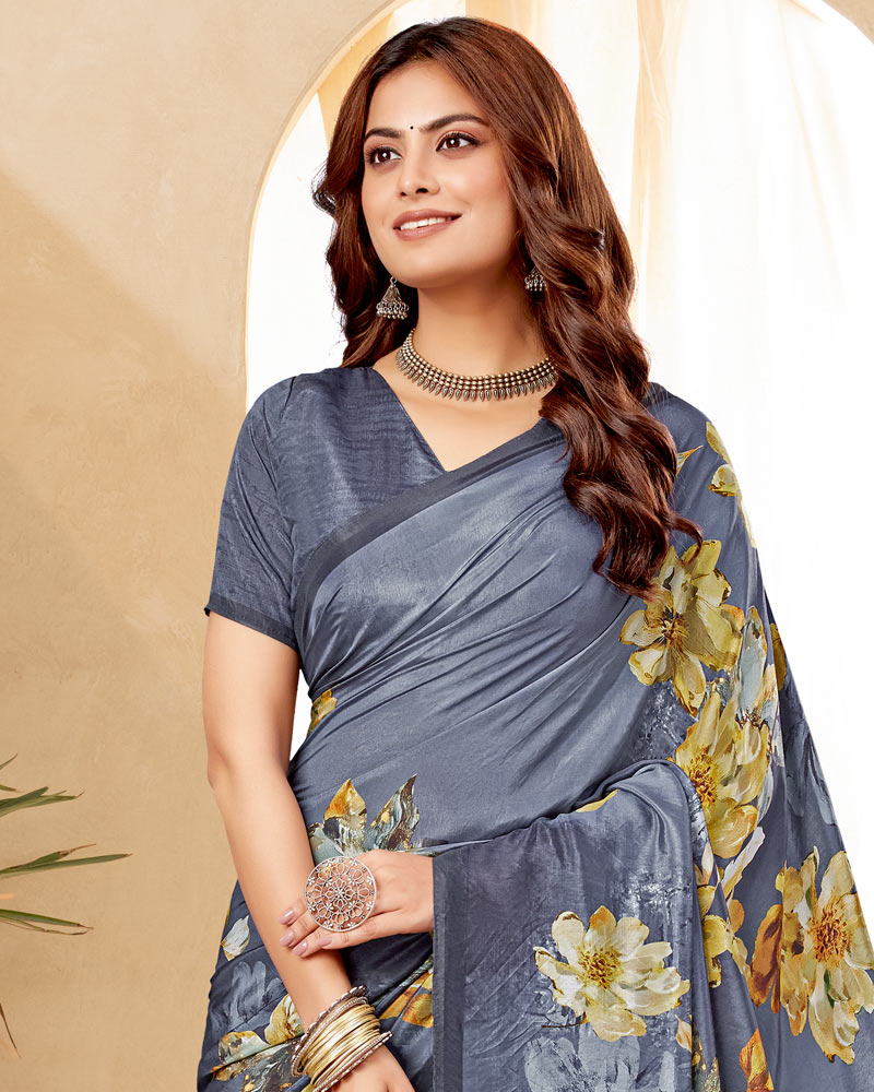 Vishal Prints Light Slate Grey Digital Print Premium Crepe Silk Saree