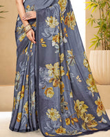Vishal Prints Light Slate Grey Digital Print Premium Crepe Silk Saree