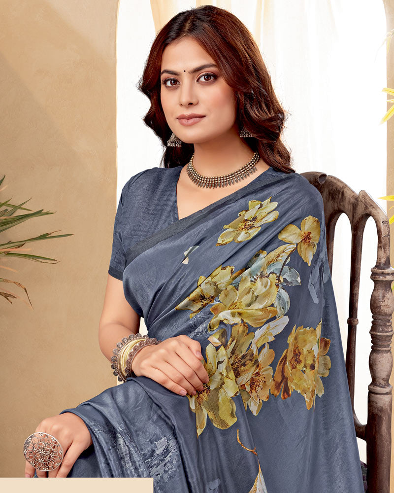 Vishal Prints Light Slate Grey Digital Print Premium Crepe Silk Saree