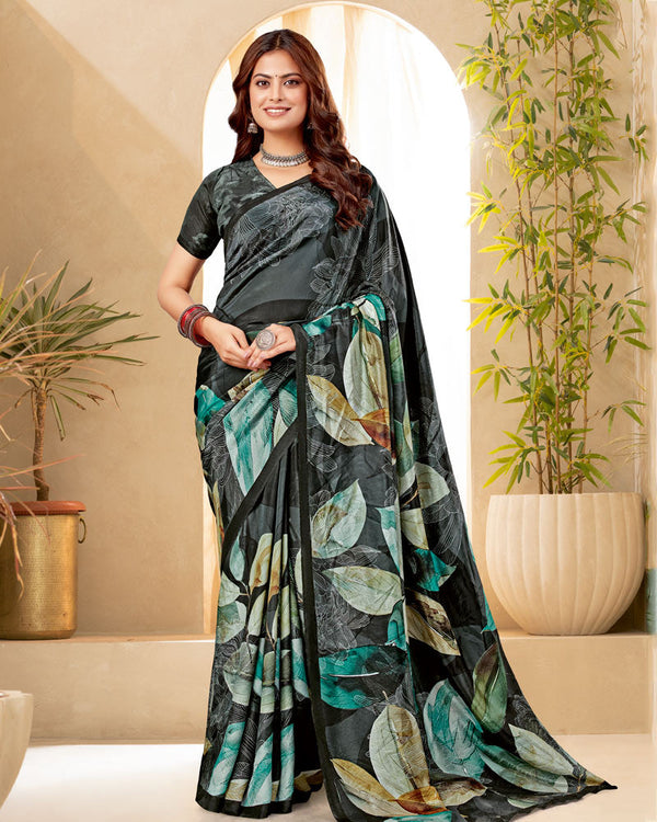 Vishal Prints Charcoal Grey Digital Print Premium Crepe Silk Saree