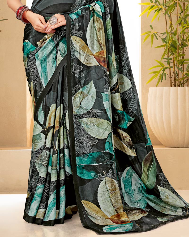 Vishal Prints Charcoal Grey Digital Print Premium Crepe Silk Saree