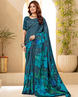 Vishal Prints Dark Grey Blue Digital Print Premium Crepe Silk Saree