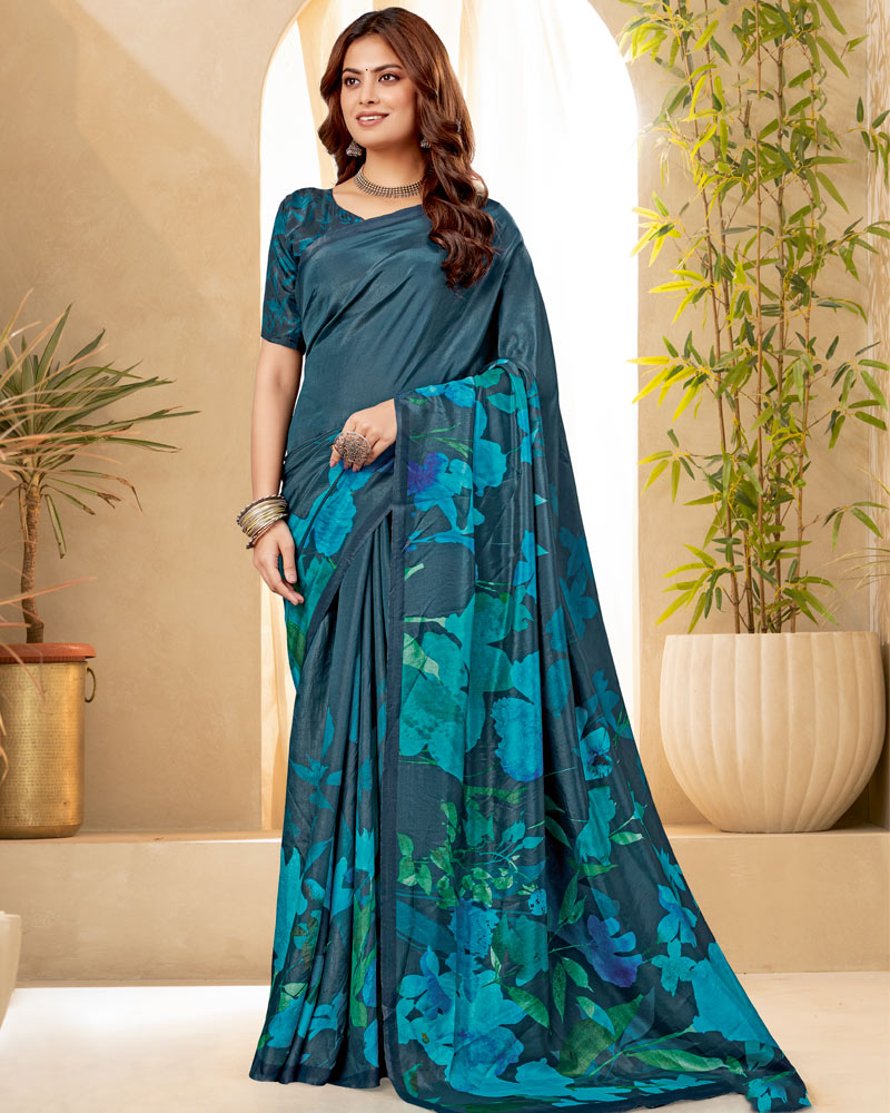 Vishal Prints Dark Grey Blue Digital Print Premium Crepe Silk Saree