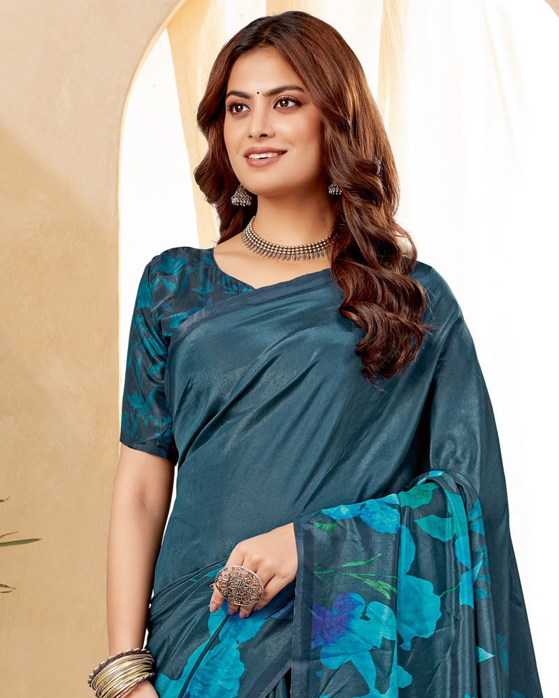 Vishal Prints Dark Grey Blue Digital Print Premium Crepe Silk Saree