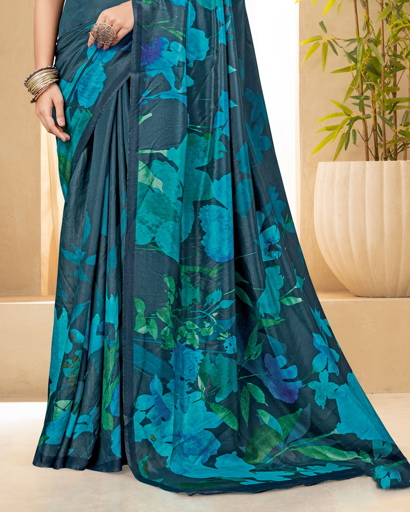 Vishal Prints Dark Grey Blue Digital Print Premium Crepe Silk Saree