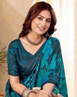 Vishal Prints Dark Grey Blue Digital Print Premium Crepe Silk Saree