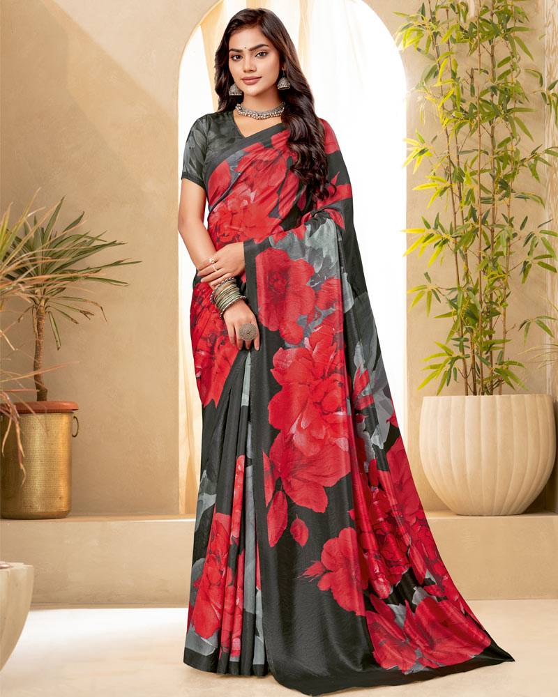 Vishal Prints Persian Red Digital Print Premium Crepe Silk Saree