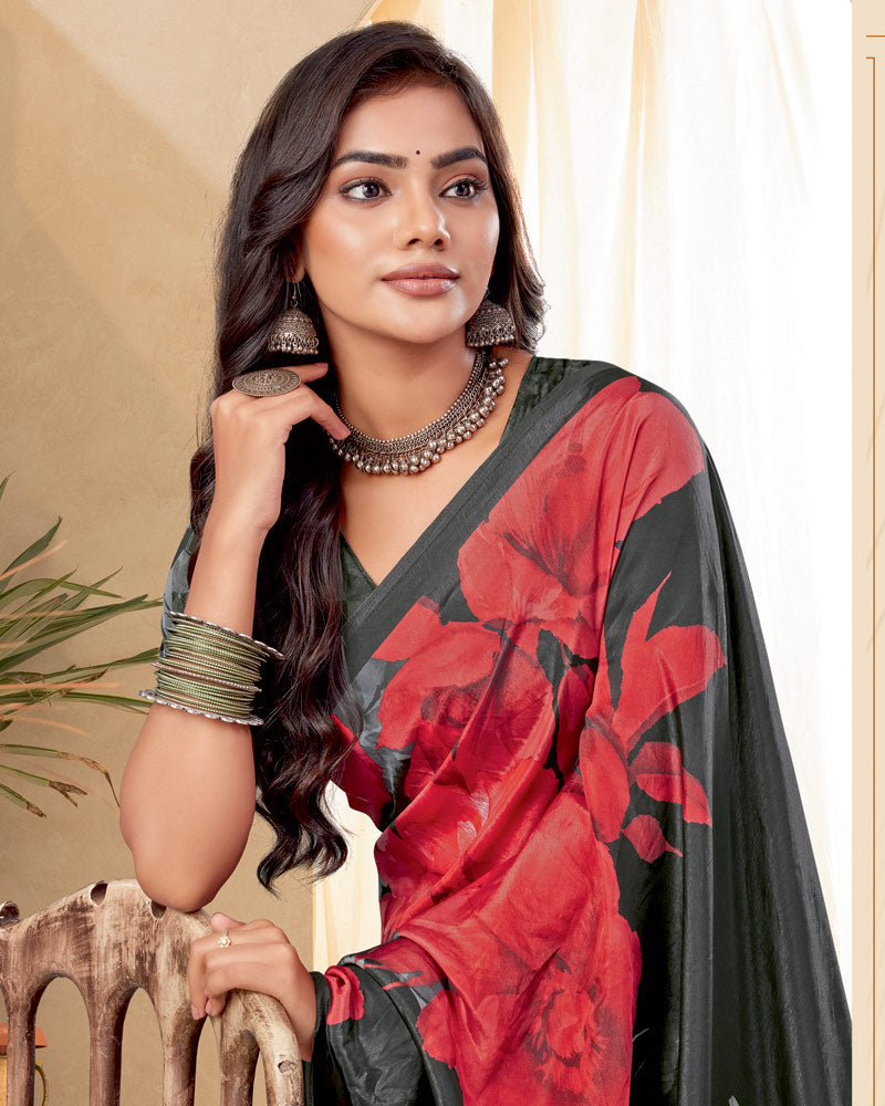 Vishal Prints Persian Red Digital Print Premium Crepe Silk Saree