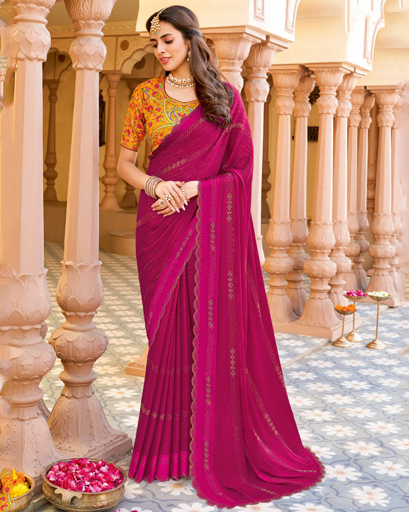 Vishal Prints Dark Hot Pink Designer Fancy Chiffon Saree With Diamond Work And Weaved Satin Patta Cut Work Border