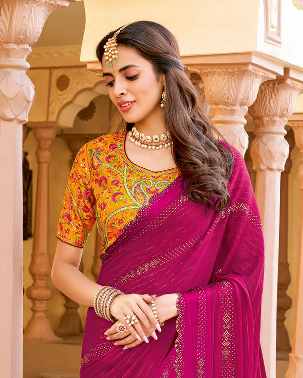 Vishal Prints Dark Hot Pink Designer Fancy Chiffon Saree With Diamond Work And Weaved Satin Patta Cut Work Border