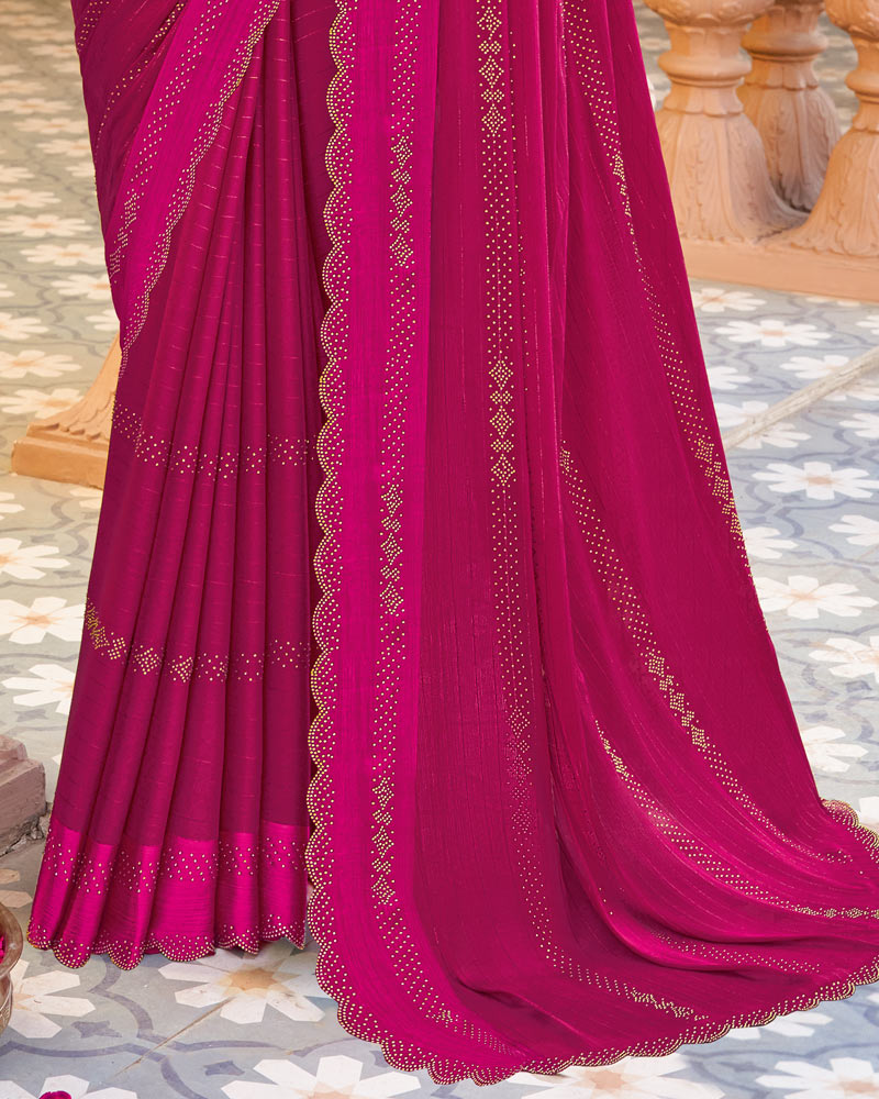 Vishal Prints Dark Hot Pink Designer Fancy Chiffon Saree With Diamond Work And Weaved Satin Patta Cut Work Border