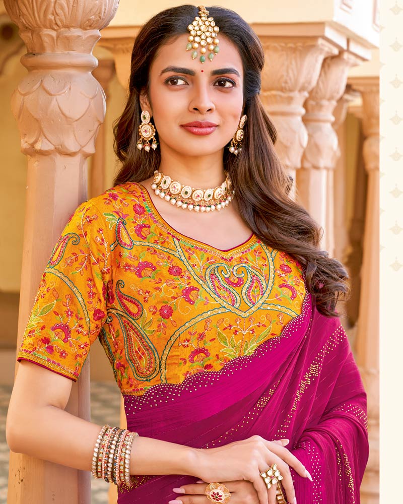 Vishal Prints Dark Hot Pink Designer Fancy Chiffon Saree With Diamond Work And Weaved Satin Patta Cut Work Border