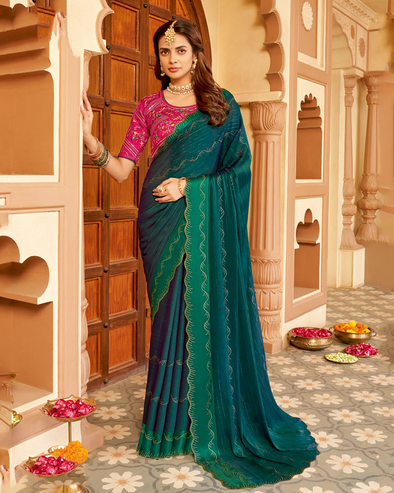 Vishal Prints Tropical Green Designer Fancy Chiffon Saree With Diamond Work And Weaved Satin Patta Cut Work Border