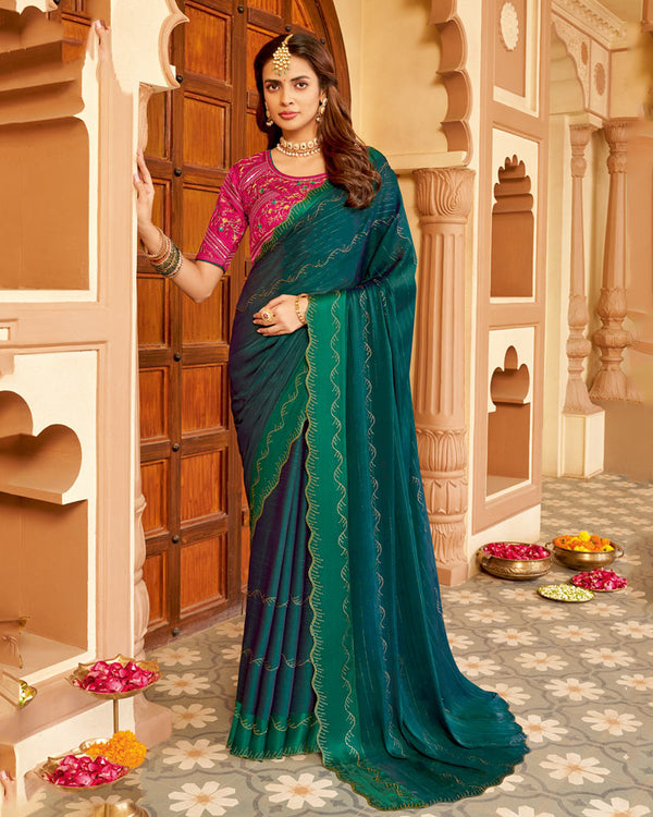 Vishal Prints Tropical Green Designer Fancy Chiffon Saree With Diamond Work And Weaved Satin Patta Cut Work Border