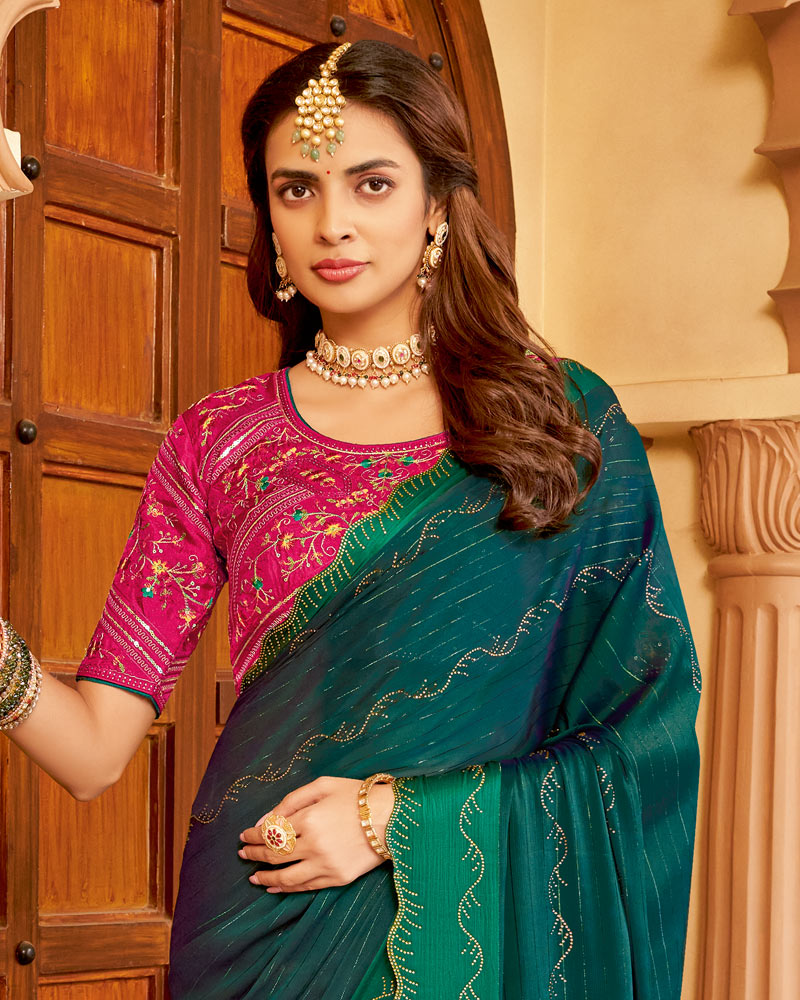 Vishal Prints Tropical Green Designer Fancy Chiffon Saree With Diamond Work And Weaved Satin Patta Cut Work Border