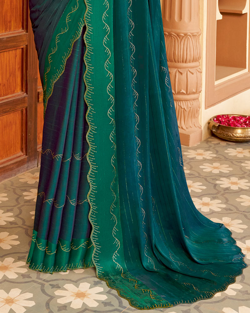 Vishal Prints Tropical Green Designer Fancy Chiffon Saree With Diamond Work And Weaved Satin Patta Cut Work Border