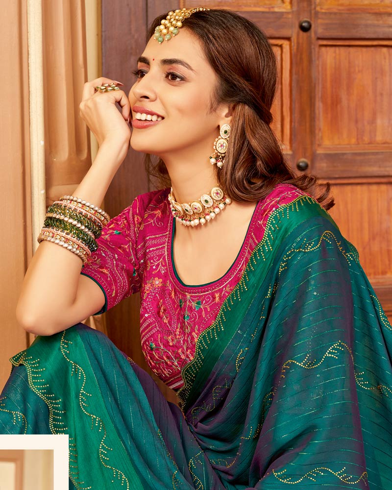 Vishal Prints Tropical Green Designer Fancy Chiffon Saree With Diamond Work And Weaved Satin Patta Cut Work Border