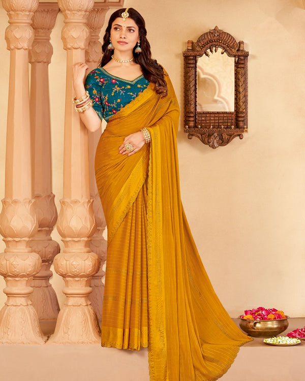 Vishal Prints Mustard Yellow Designer Fancy Chiffon Saree With Diamond Work And Weaved Satin Patta Cut Work Border