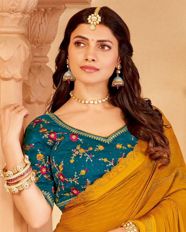 Vishal Prints Mustard Yellow Designer Fancy Chiffon Saree With Diamond Work And Weaved Satin Patta Cut Work Border
