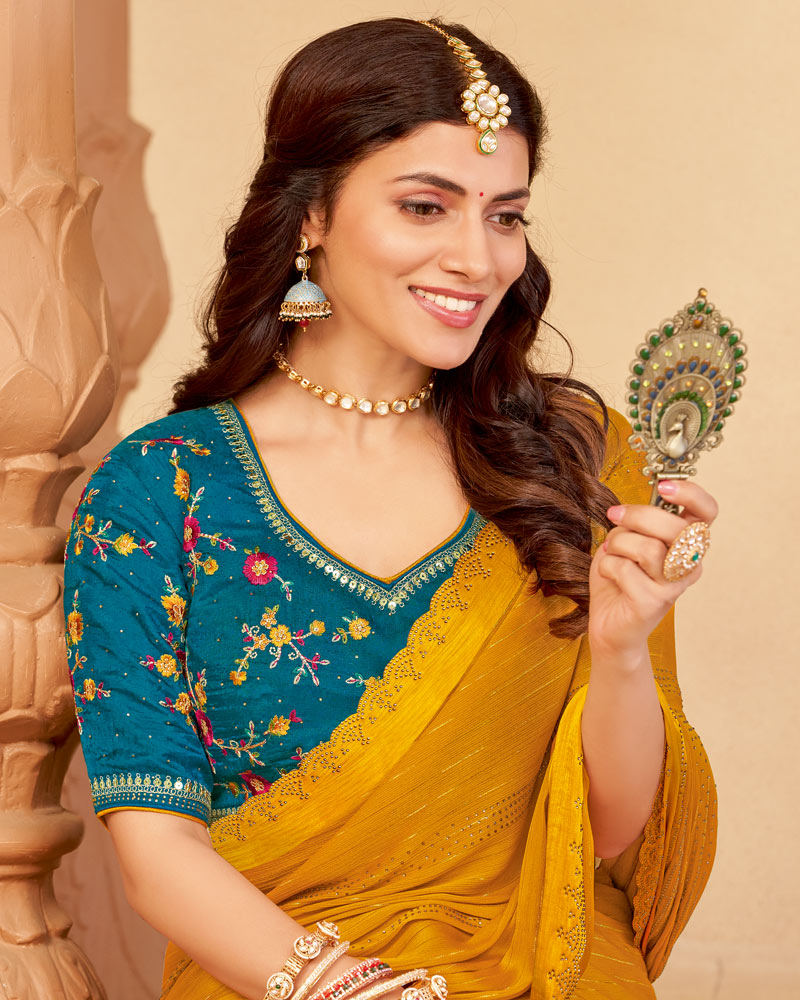 Vishal Prints Mustard Yellow Designer Fancy Chiffon Saree With Diamond Work And Weaved Satin Patta Cut Work Border