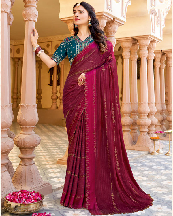 Vishal Prints Purple Red Designer Fancy Chiffon Saree With Diamond Work And Weaved Satin Patta Cut Work Border