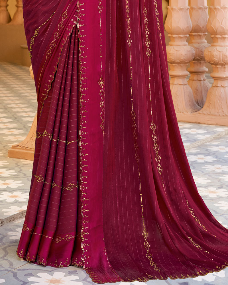 Vishal Prints Purple Red Designer Fancy Chiffon Saree With Diamond Work And Weaved Satin Patta Cut Work Border