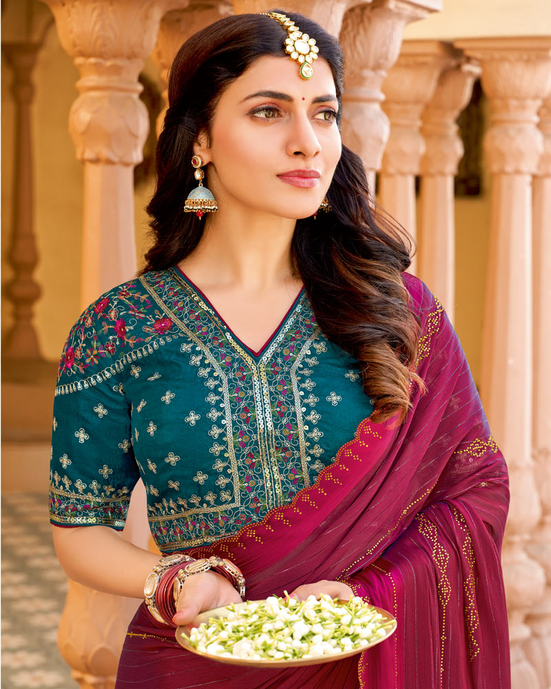 Vishal Prints Purple Red Designer Fancy Chiffon Saree With Diamond Work And Weaved Satin Patta Cut Work Border