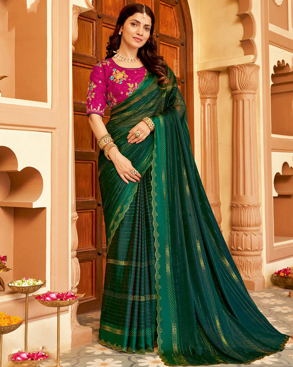 Vishal Prints Bottle Green Designer Fancy Chiffon Saree With Diamond Work And Weaved Satin Patta Cut Work Border