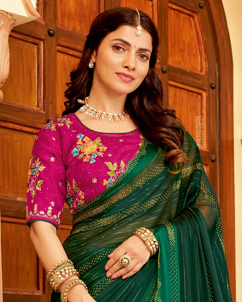Vishal Prints Bottle Green Designer Fancy Chiffon Saree With Diamond Work And Weaved Satin Patta Cut Work Border