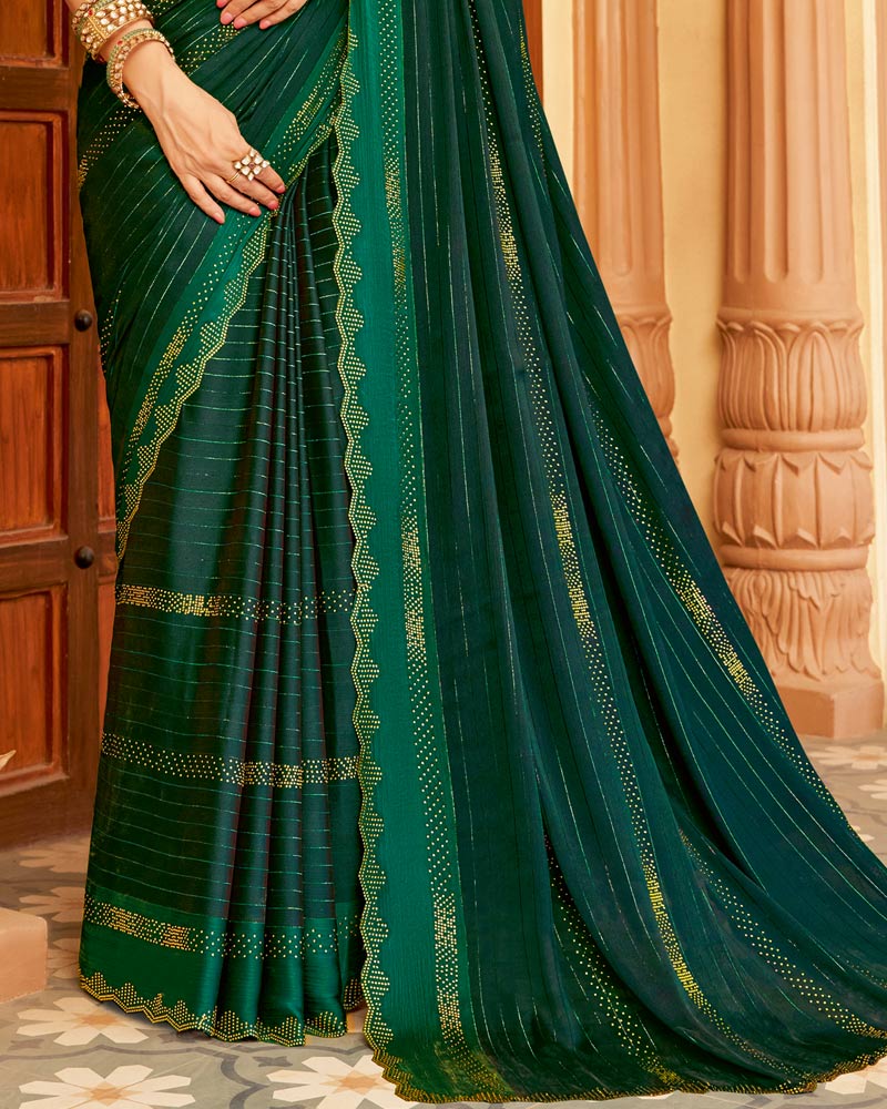 Vishal Prints Bottle Green Designer Fancy Chiffon Saree With Diamond Work And Weaved Satin Patta Cut Work Border