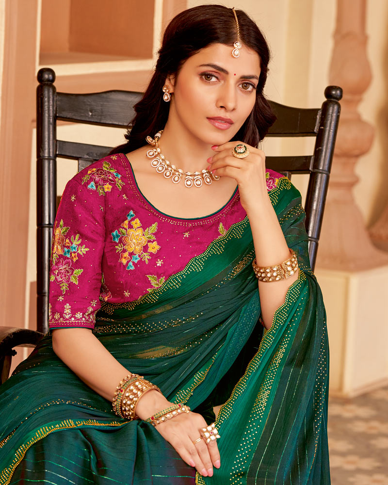 Vishal Prints Bottle Green Designer Fancy Chiffon Saree With Diamond Work And Weaved Satin Patta Cut Work Border