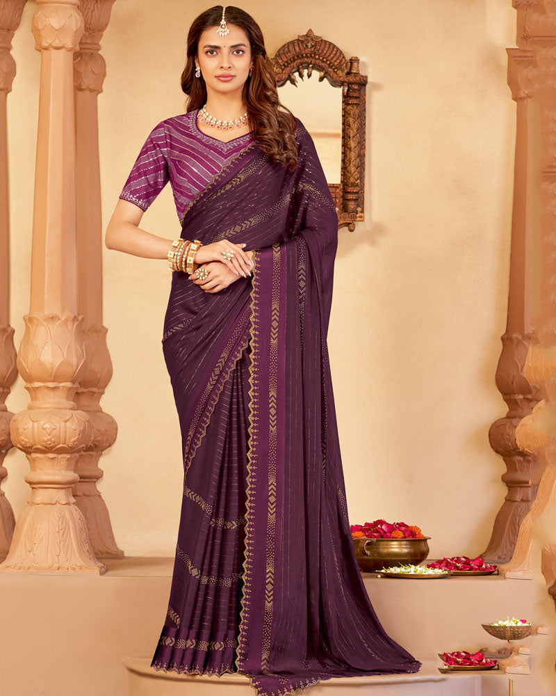 Vishal Prints Wine Berry Designer Fancy Chiffon Saree With Diamond Work And Weaved Satin Patta Cut Work Border
