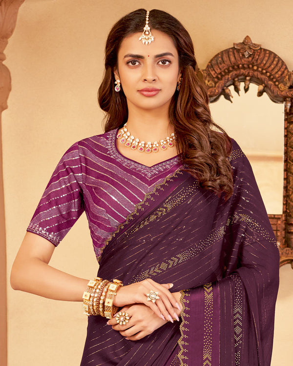 Vishal Prints Wine Berry Designer Fancy Chiffon Saree With Diamond Work And Weaved Satin Patta Cut Work Border