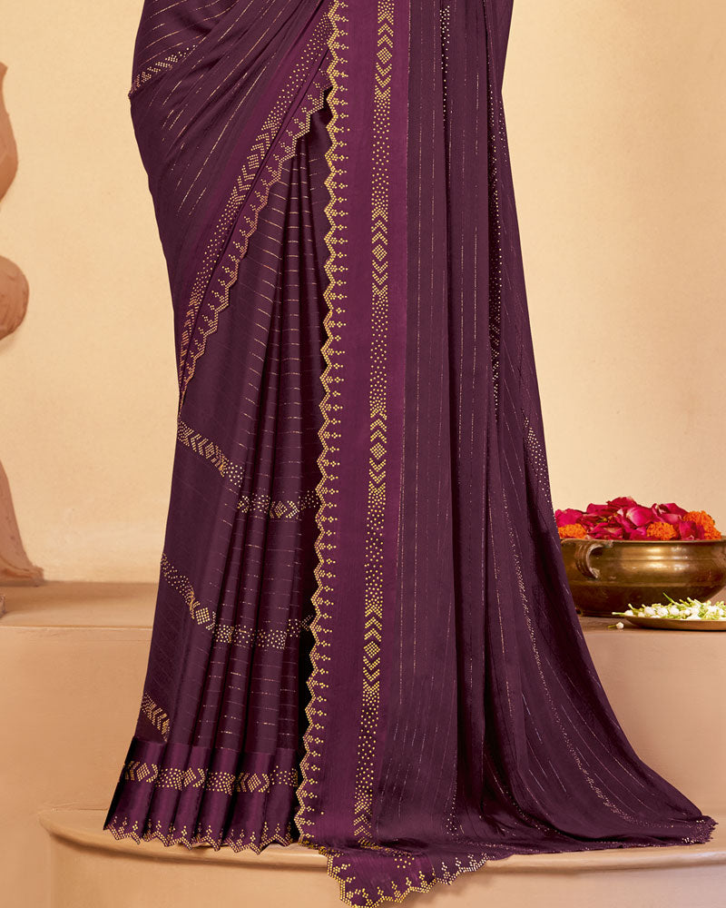 Vishal Prints Wine Berry Designer Fancy Chiffon Saree With Diamond Work And Weaved Satin Patta Cut Work Border
