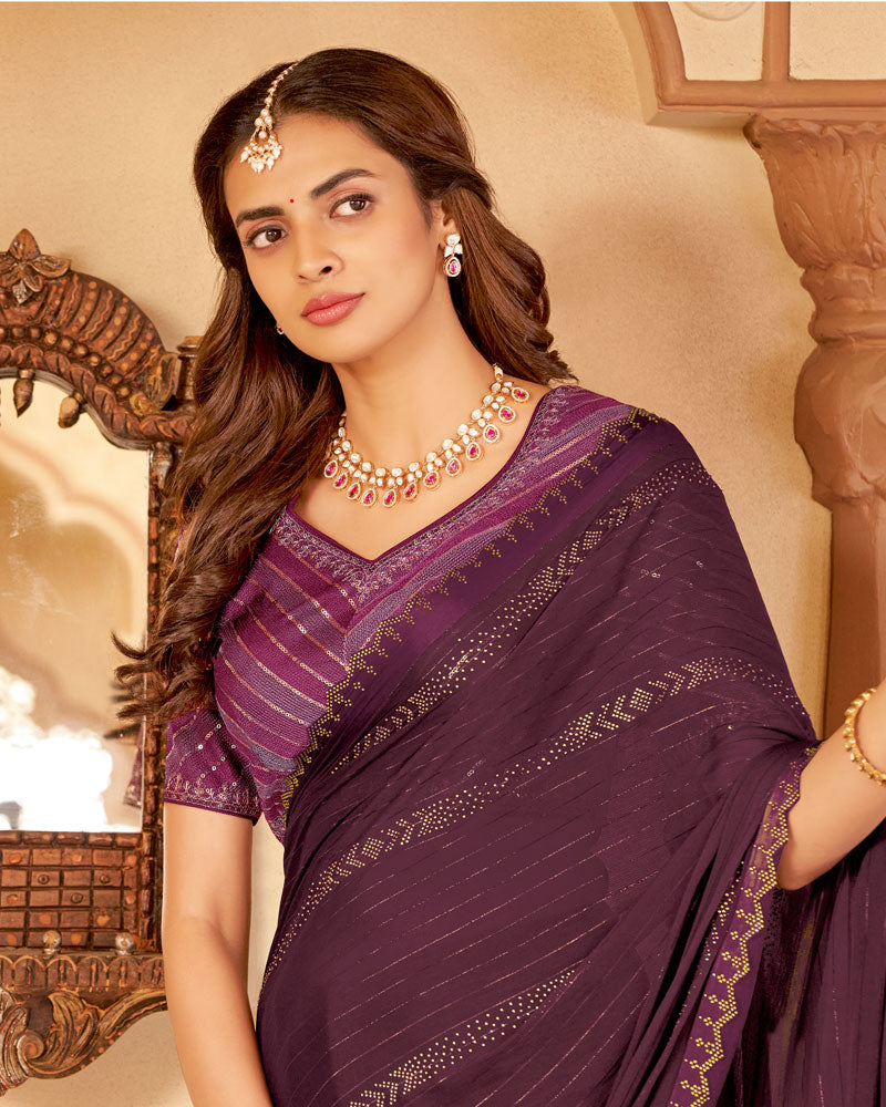 Vishal Prints Wine Berry Designer Fancy Chiffon Saree With Diamond Work And Weaved Satin Patta Cut Work Border