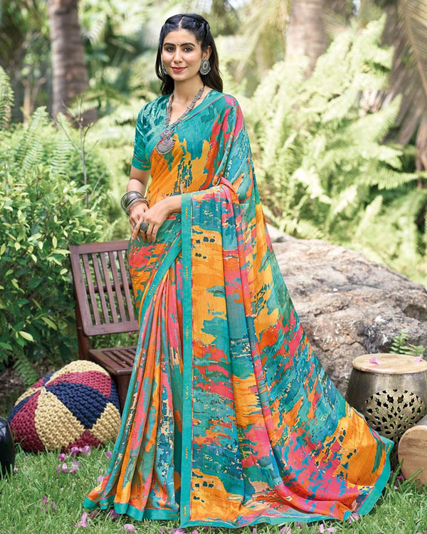 Vishal Prints Dark Turquoise Blue Fancy Chiffon Digital Print Saree With Border